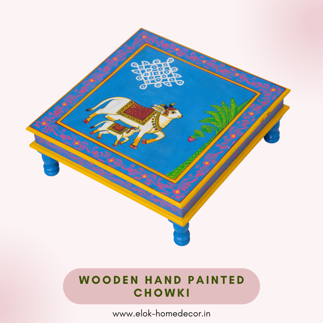 Hand painted cow & calf pichwai art sky blue color chowki / Bajot