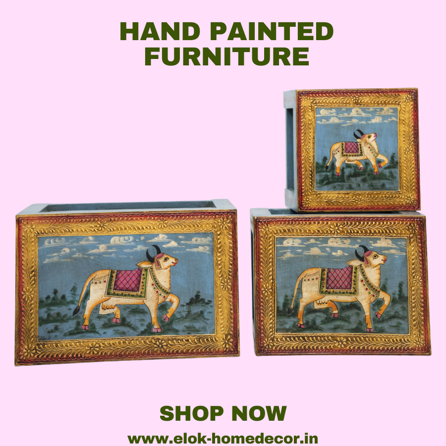 Wooden Hand Painted Pichwai Art Nesting Side Stool Set of 3