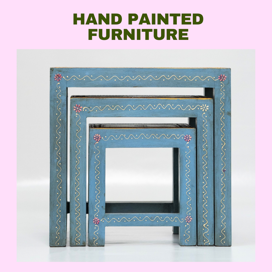 Wooden Hand Painted Pichwai Art Nesting Side Stool Set of 3