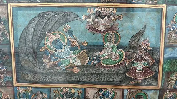 Antique Lord Krishna Painting in Vintage Teak Frame
