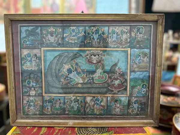Antique Lord Krishna Painting in Vintage Teak Frame