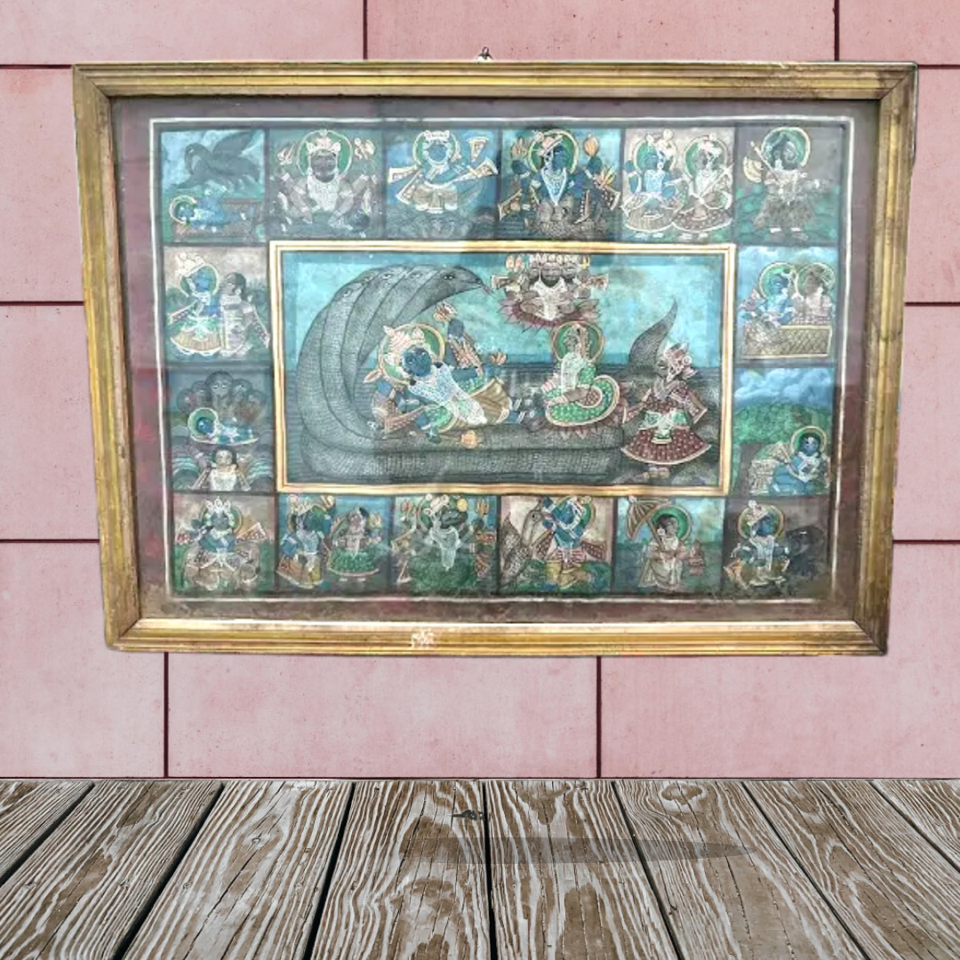 Antique Lord Krishna Painting in Vintage Teak Frame