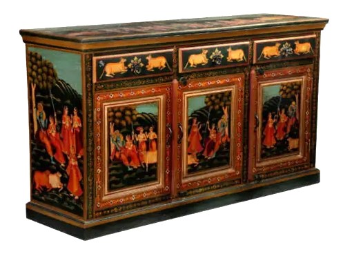 Wooden Hand Painted Krishna Pichwai Side Cupboard