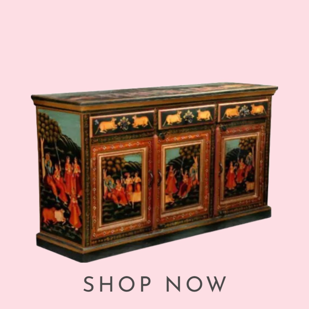 Wooden Hand Painted Krishna Pichwai Side Cupboard