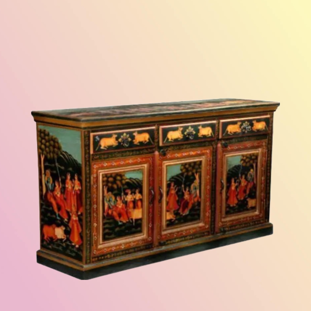 Wooden Hand Painted Krishna Pichwai Side Cupboard