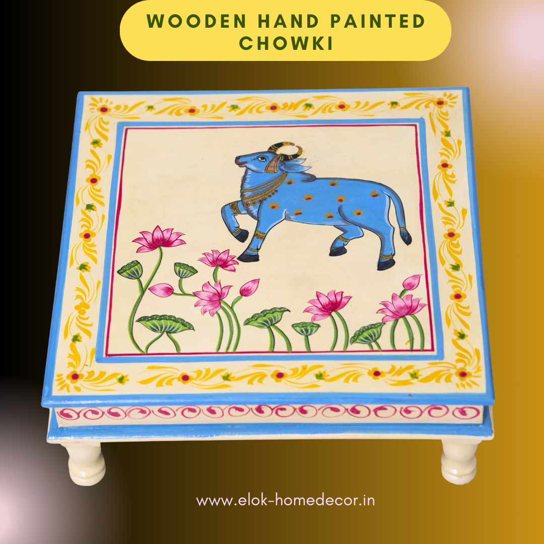 Hand painted pichwai art cream color chowki / Bajot