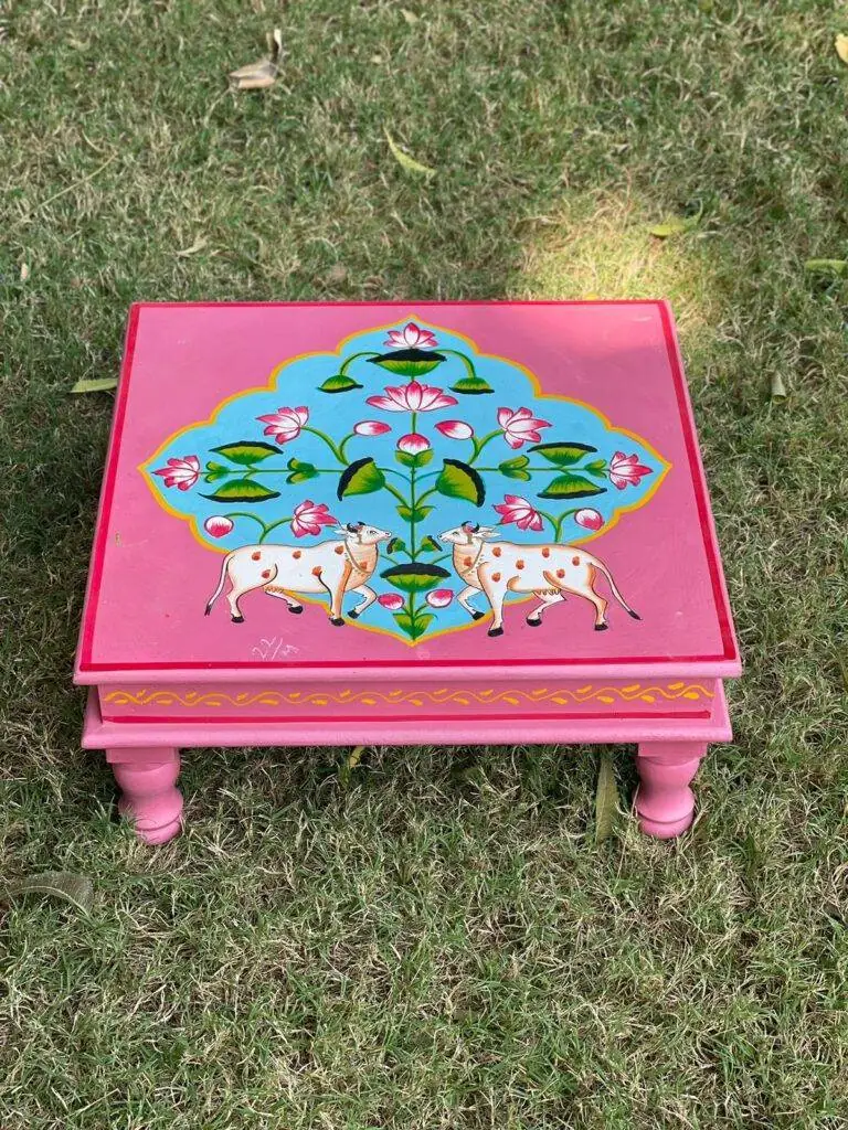 Wooden Hand painted pink color chowki / Bajot