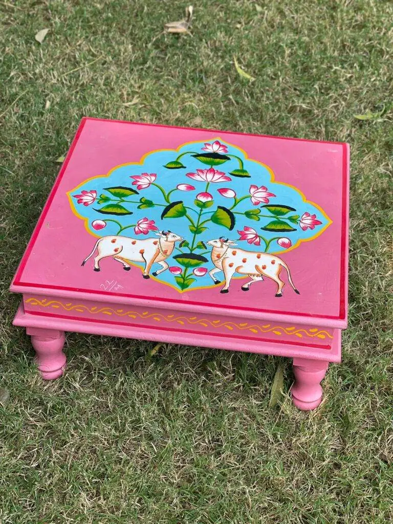 Wooden Hand painted pink color chowki / Bajot