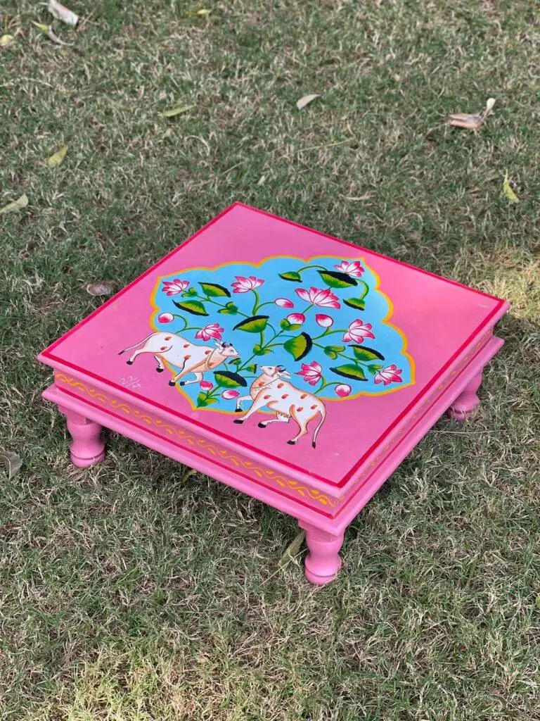 Wooden Hand painted pink color chowki / Bajot