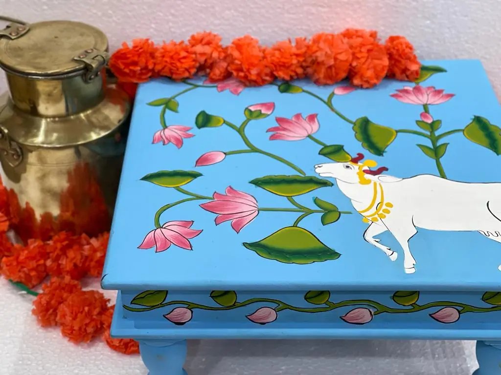 Wooden Hand painted sky blue color chowki / Bajot