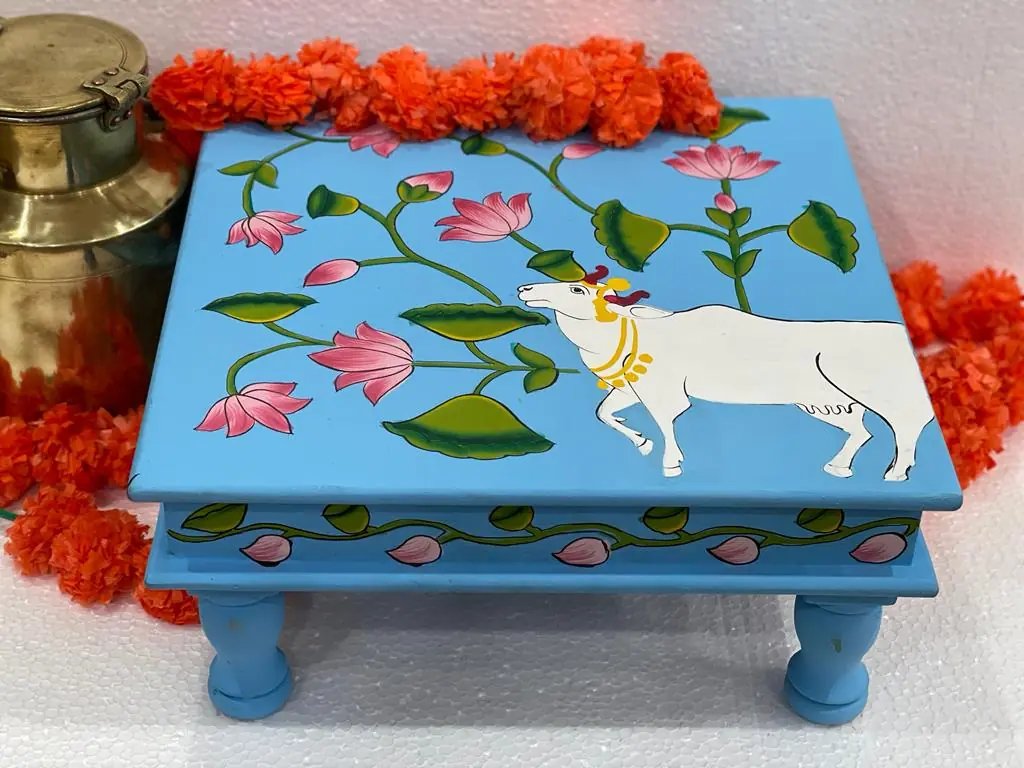 Wooden Hand painted sky blue color chowki / Bajot