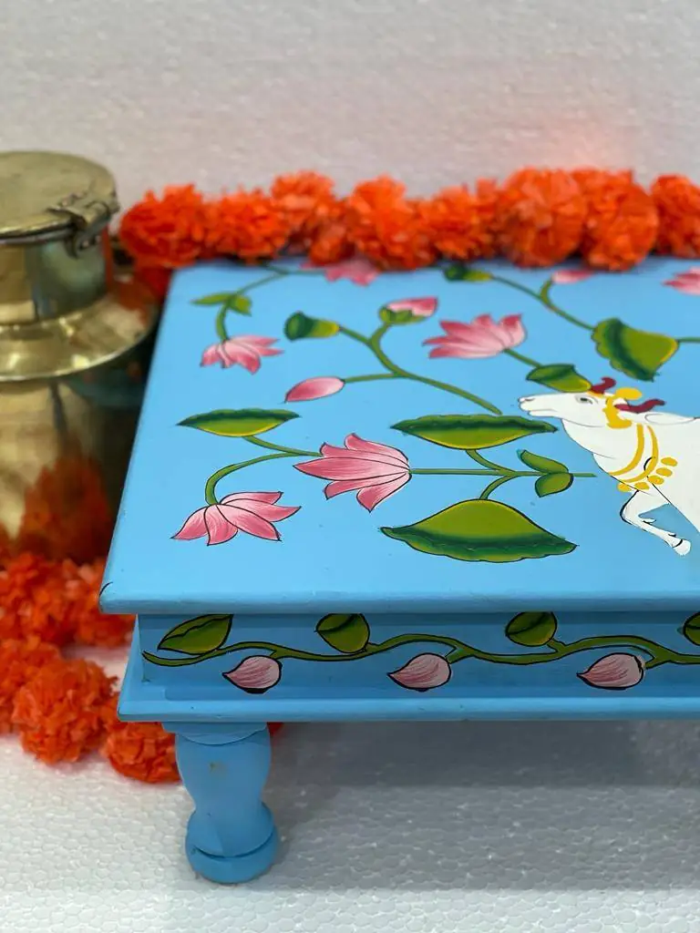Wooden Hand painted sky blue color chowki / Bajot