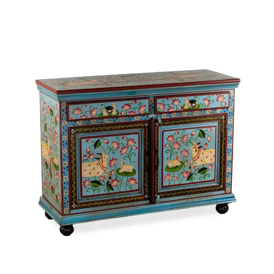 Wooden Hand Painted Sky Blue Color Pichwai Side Cupboard