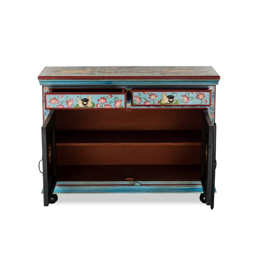 Wooden Hand Painted Sky Blue Color Pichwai Side Cupboard