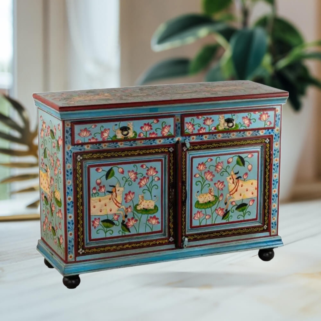 Wooden Hand Painted Sky Blue Color Pichwai Side Cupboard