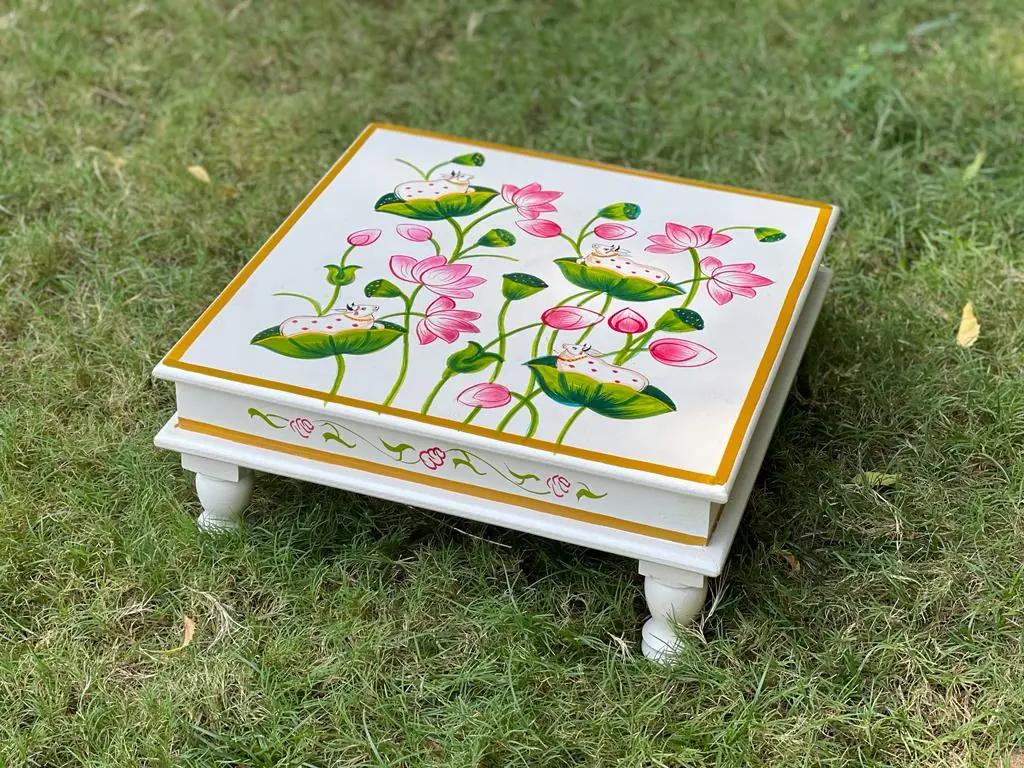 Wooden Hand painted white color chowki / Bajot