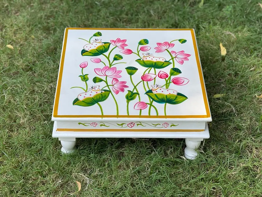 Wooden Hand painted white color chowki / Bajot