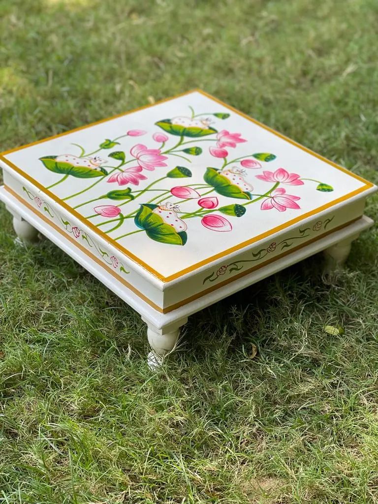 Wooden Hand painted white color chowki / Bajot