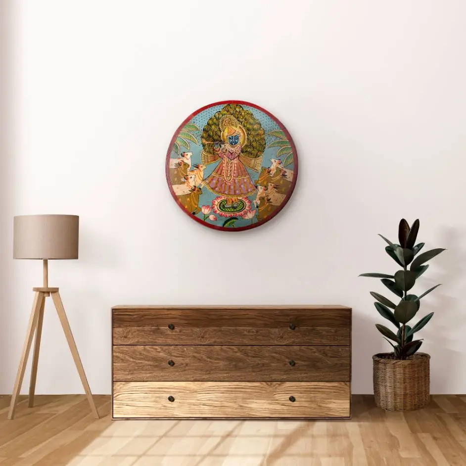 Hand Painted Wooden Wall Plate featuring Shrinathji and Cows