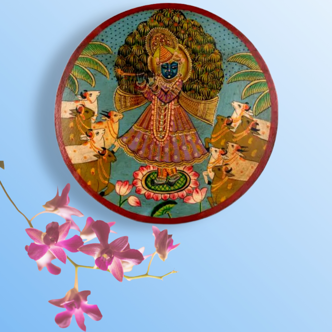Hand Painted Wooden Wall Plate featuring Shrinathji and Cows