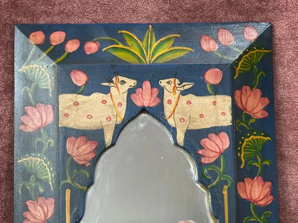 Wooden Frame Pichwai Art Mirror Blue Color