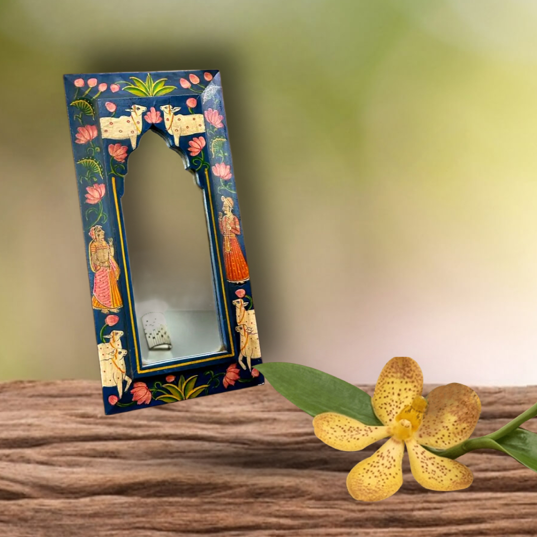 Wooden Frame Pichwai Art Mirror Blue Color