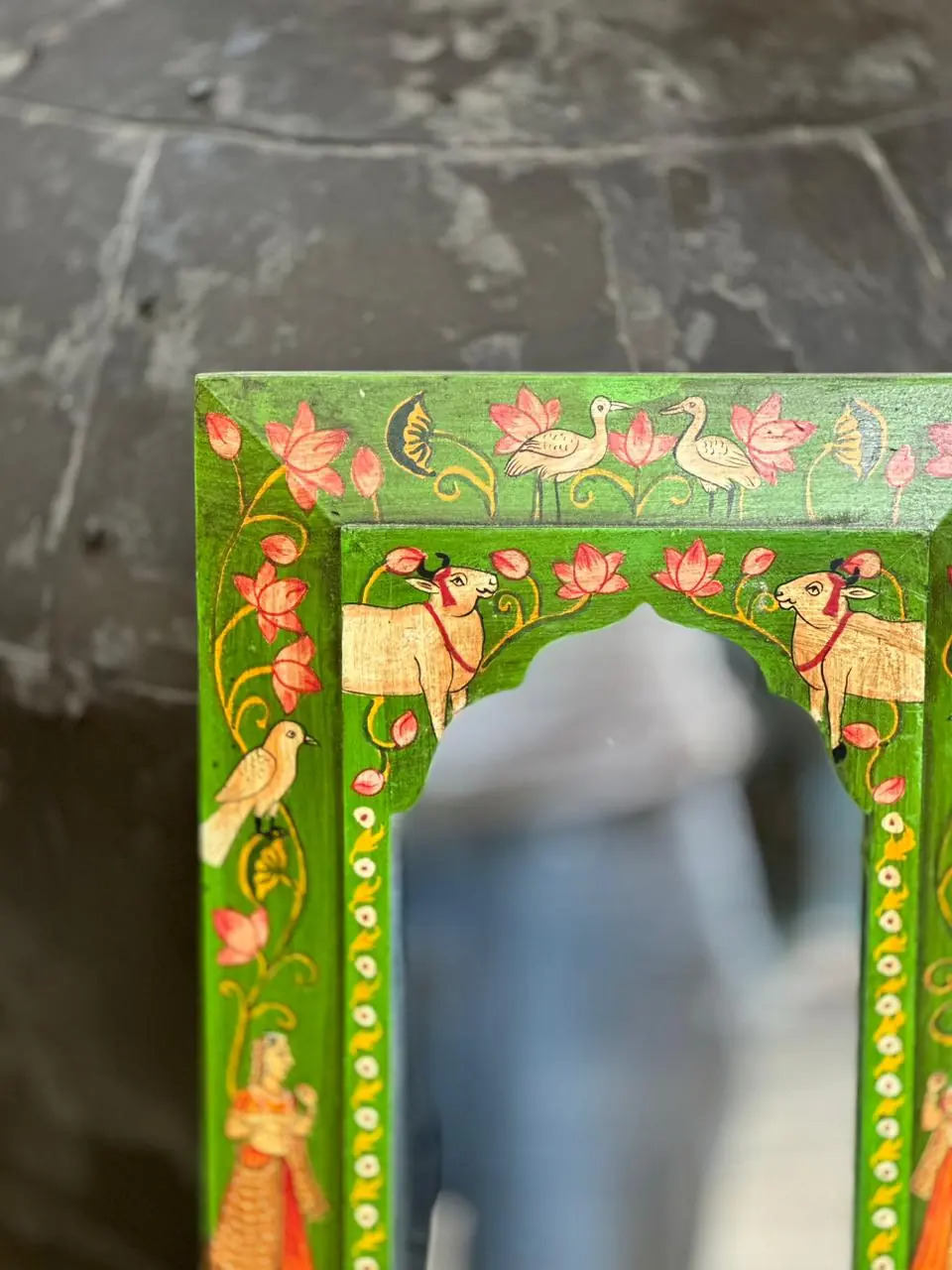 Wooden Frame Pichwai Art Mirror Green Color