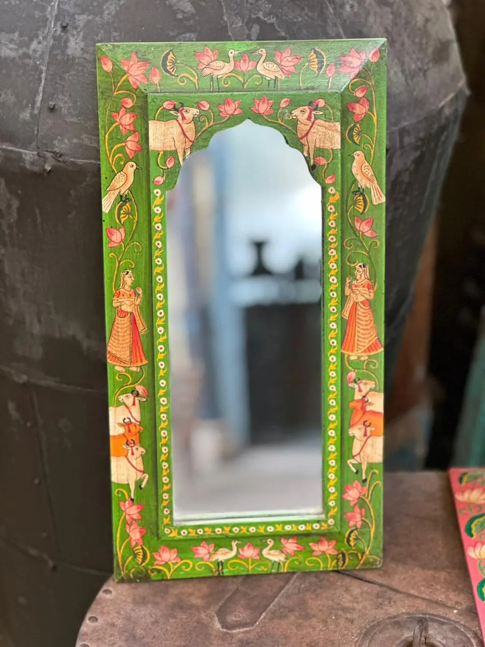 Wooden Frame Pichwai Art Mirror Green Color