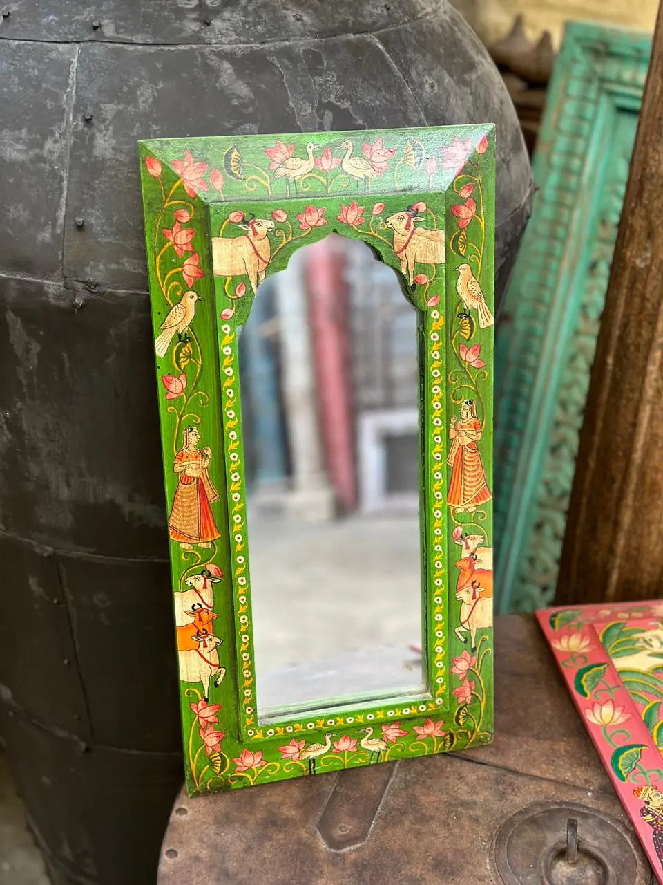 Wooden Frame Pichwai Art Mirror Green Color
