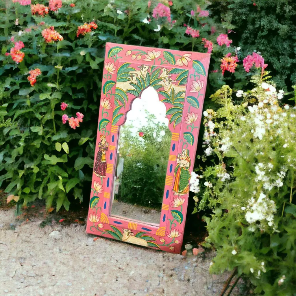 Wooden Frame Pichwai Art Mirror Jamun Color