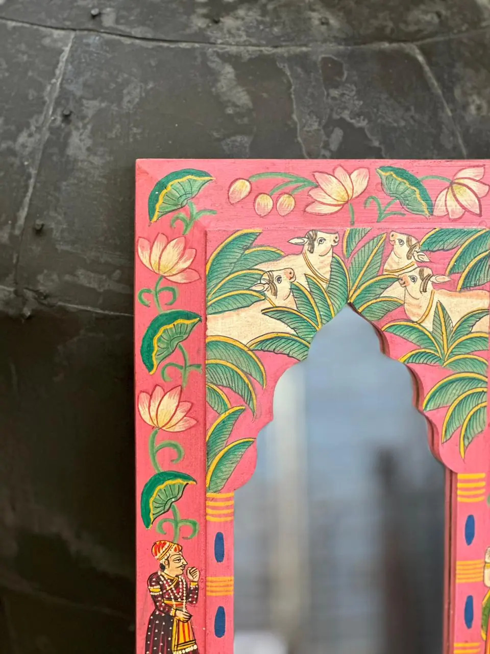 Wooden Frame Pichwai Art Mirror Jamun Color