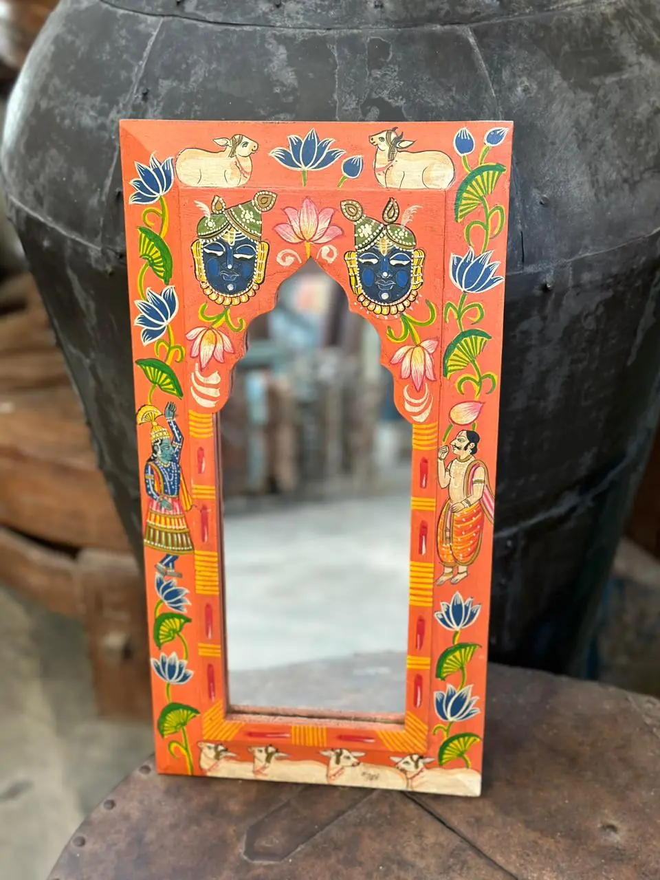 Wooden Frame Pichwai Art Mirror Orange Color