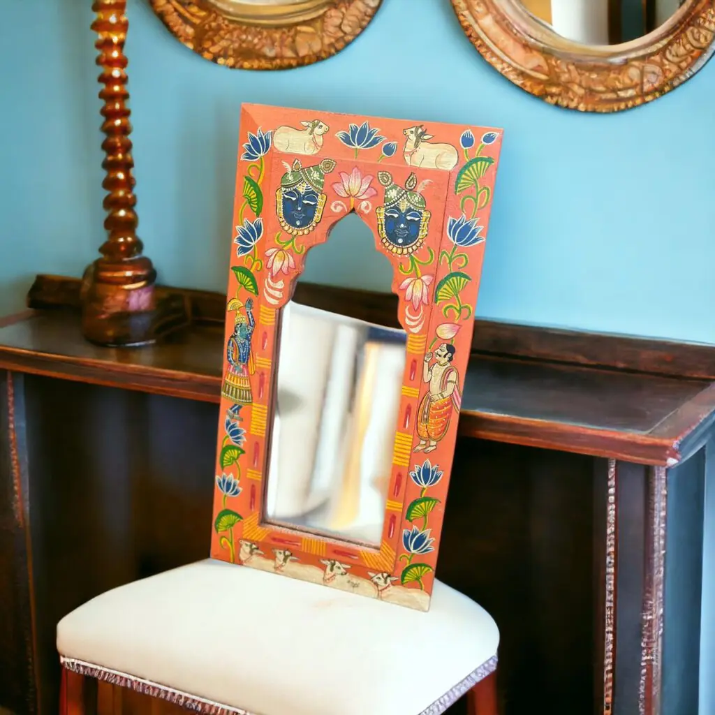 Wooden Frame Pichwai Art Mirror Orange Color