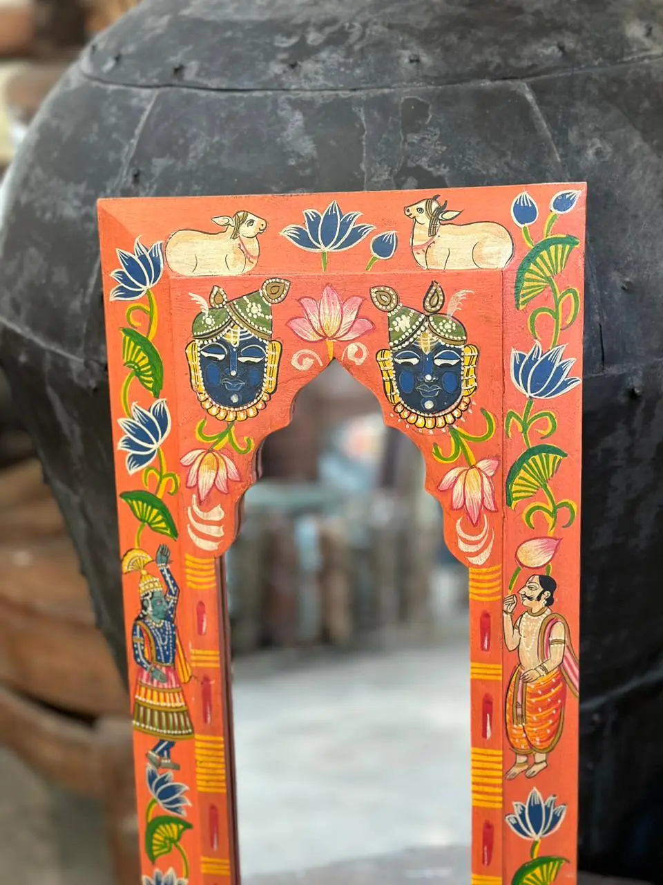 Wooden Frame Pichwai Art Mirror Orange Color