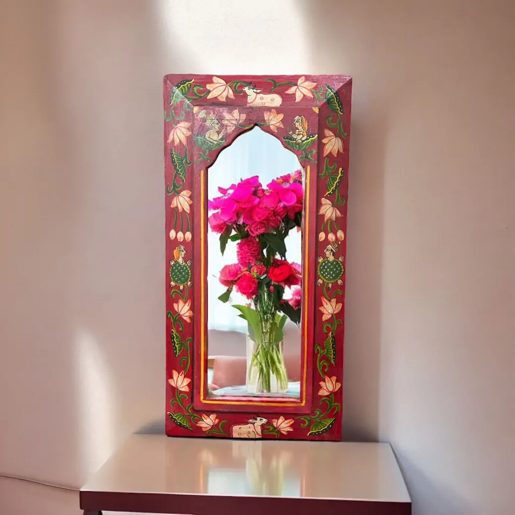 Wooden Frame Pichwai Art Mirror Red Color