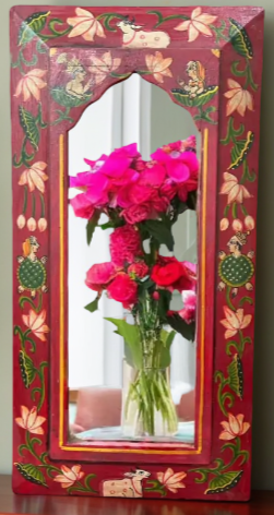 Wooden Frame Pichwai Art Mirror Red Color