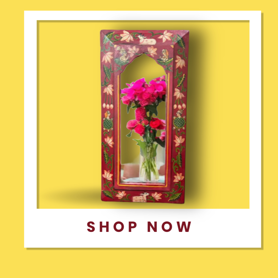 Wooden Frame Pichwai Art Mirror Red Color
