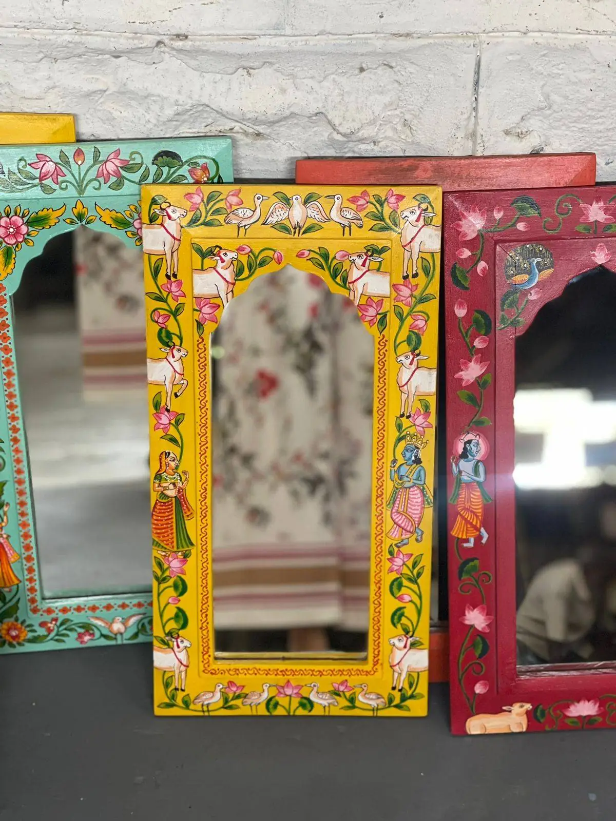 Wooden Frame Pichwai Art Mirror Yellow Color