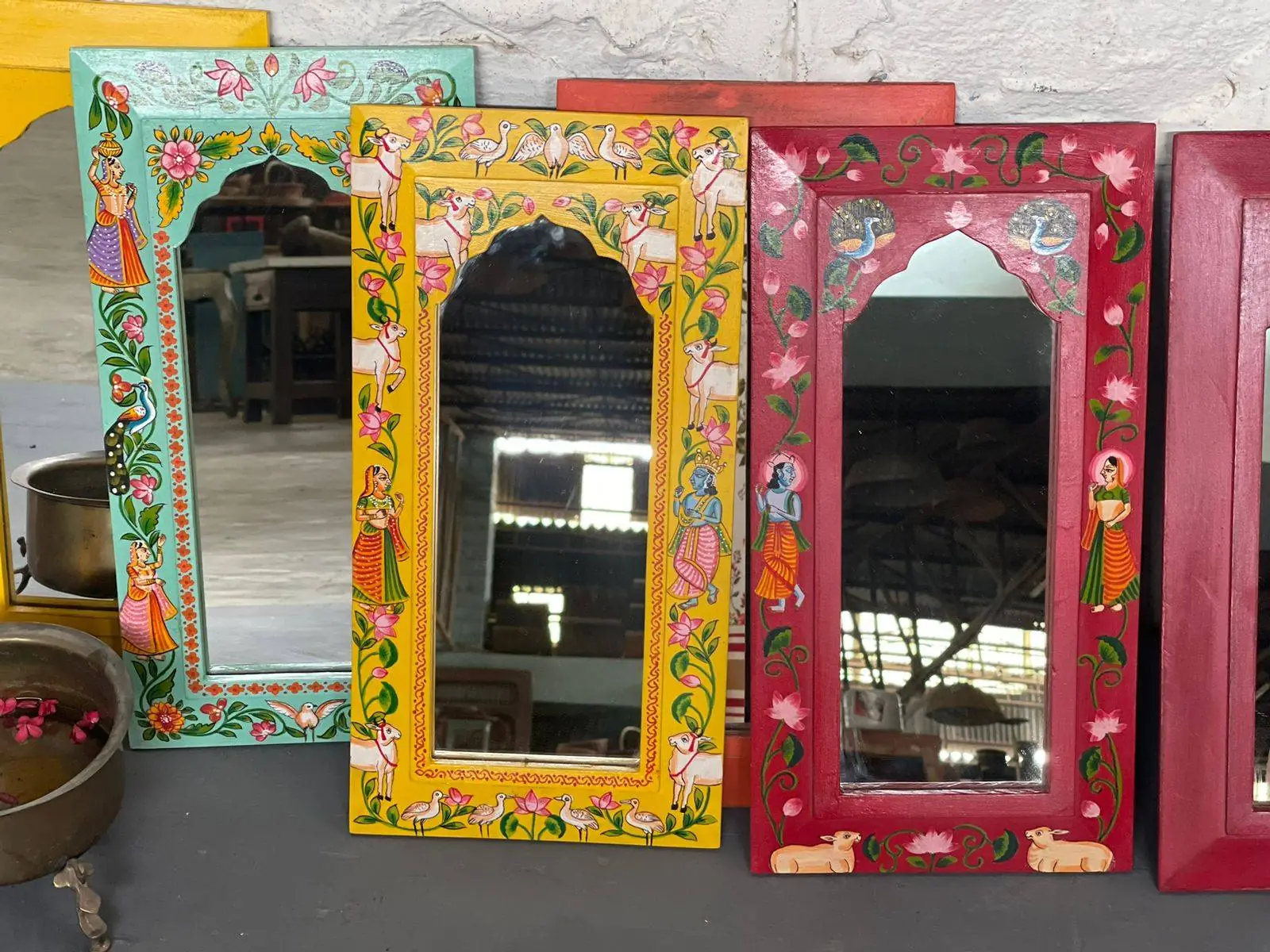 Wooden Frame Pichwai Art Mirror Yellow Color