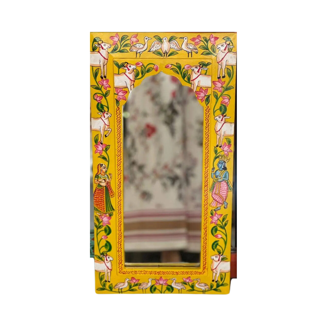 Wooden Frame Pichwai Art Mirror Yellow Color