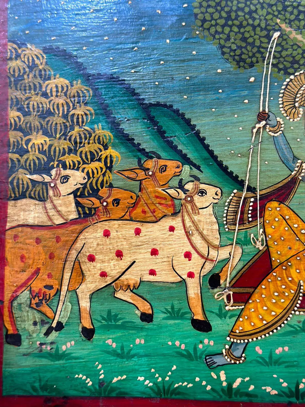 Radha Krishna Hand Painted Wooden Wall Panel