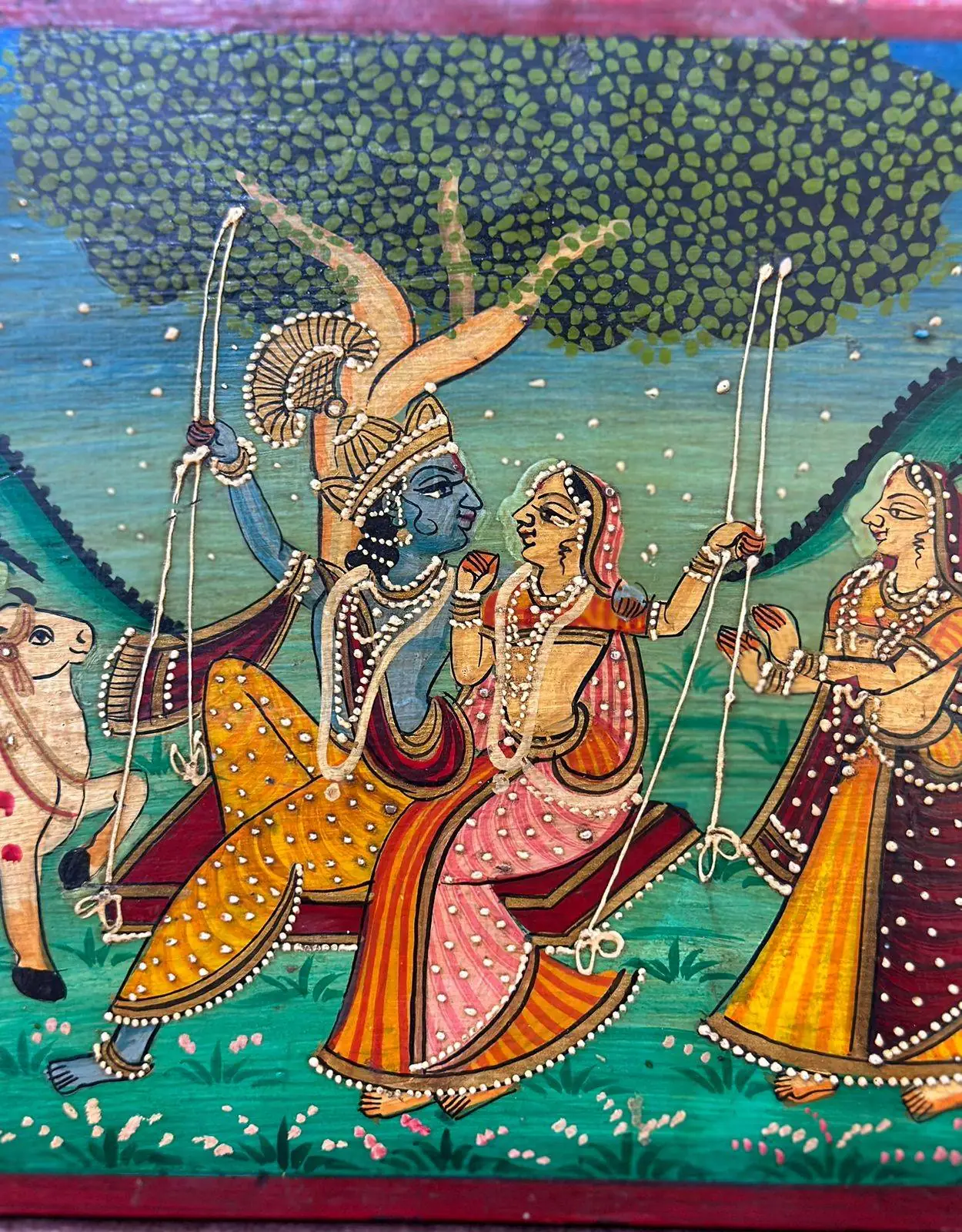 Radha Krishna Hand Painted Wooden Wall Panel