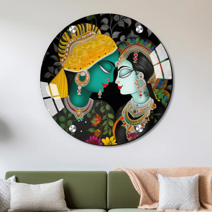Vibrant Radha Krishna Round Print Wall Art Wood or Acrylic Base
