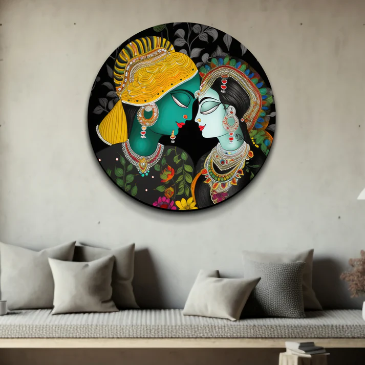 Vibrant Radha Krishna Round Print Wall Art Wood or Acrylic Base