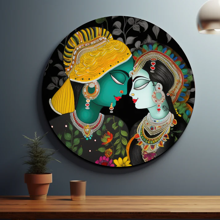 Vibrant Radha Krishna Round Print Wall Art Wood or Acrylic Base