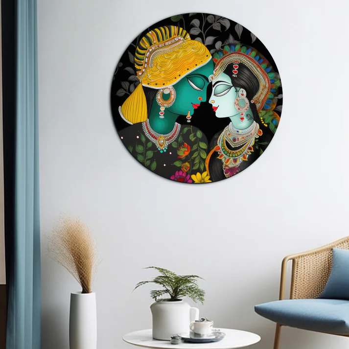 Vibrant Radha Krishna Round Print Wall Art Wood or Acrylic Base
