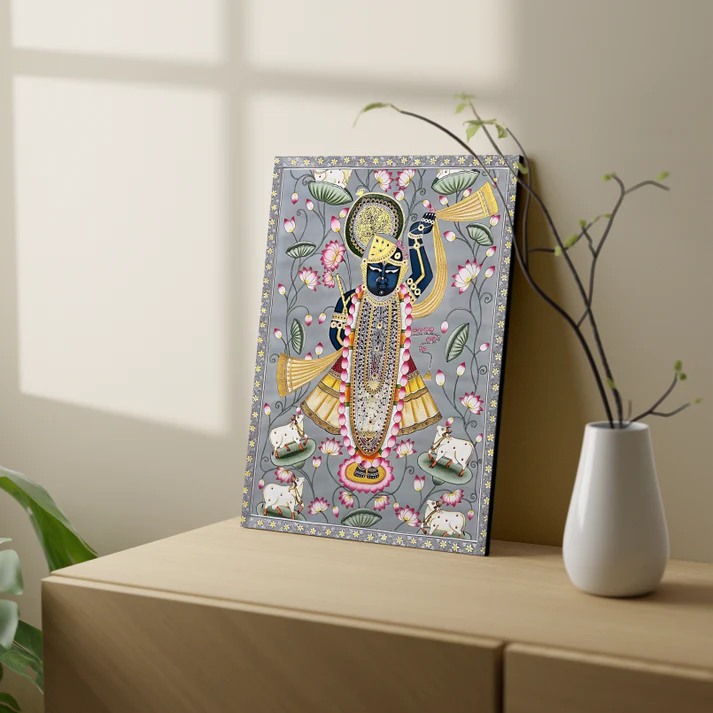 Shrinath Ji Pichwai Print Wall Art Grey Wood or Acrylic Base
