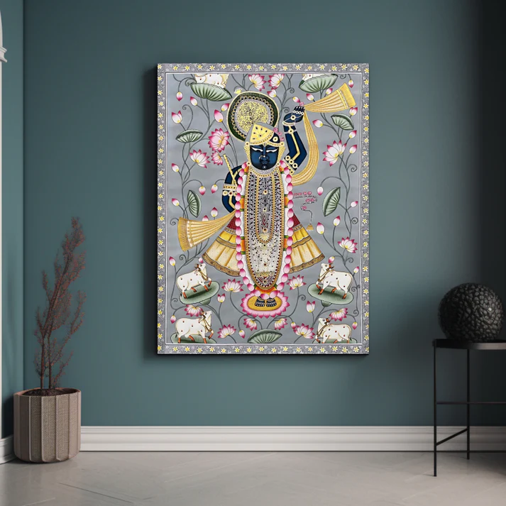 Shrinath Ji Pichwai Print Wall Art Grey Wood or Acrylic Base