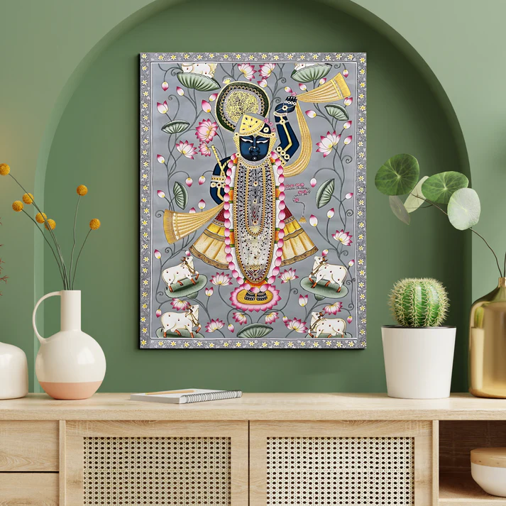 Shrinath Ji Pichwai Print Wall Art Grey Wood or Acrylic Base