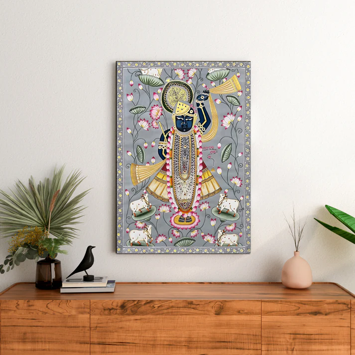 Shrinath Ji Pichwai Print Wall Art Grey Wood or Acrylic Base